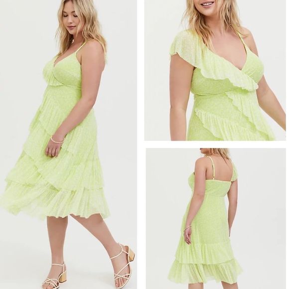 Torrid Neon Yellow Mesh Floral Ruffle Midi Dress 2X - Picture 1 of 10